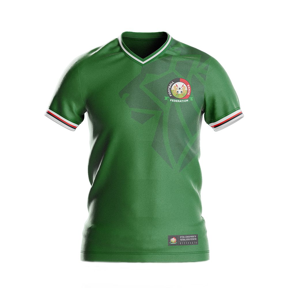 Custom-printed green Football Kenya Federation team jersey with crest and trims by Almasi Prints